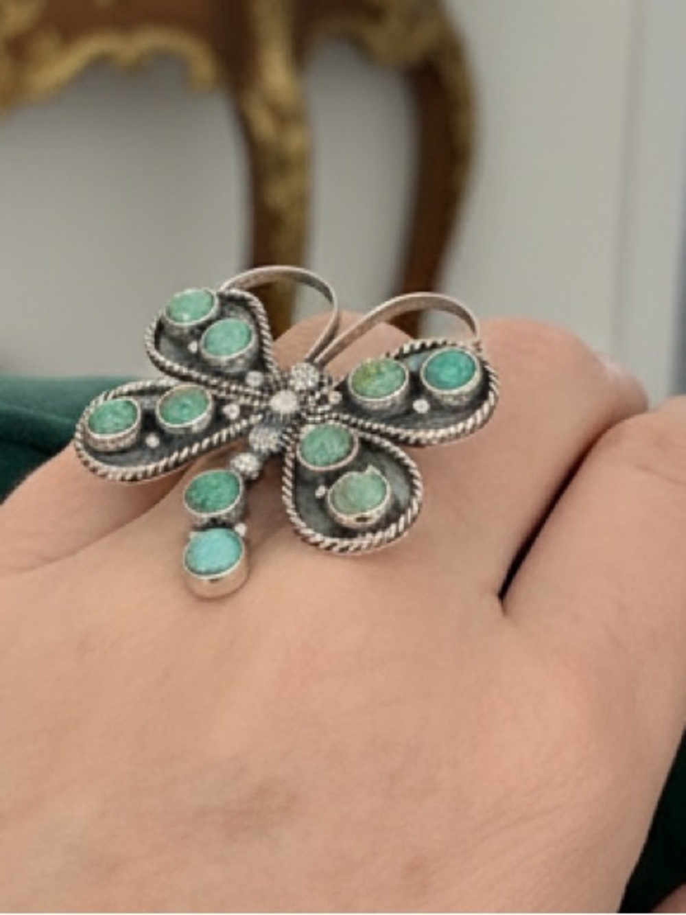 Sterling Silver Turquoise Butterfly statement ring- Green Turquoise - Picture 8 of 9